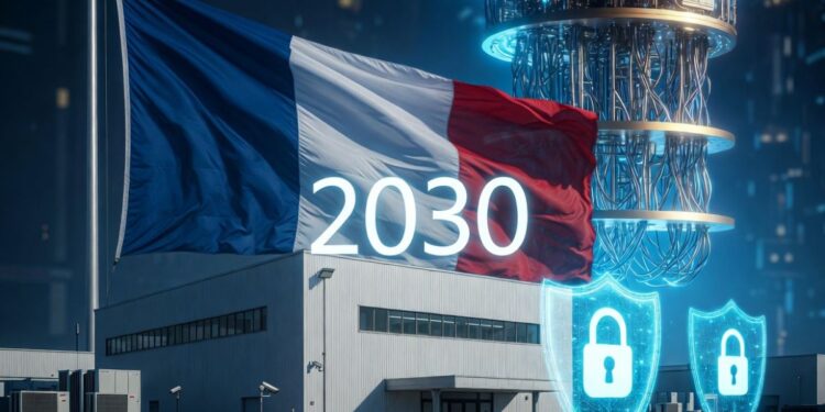 Un edificio con una bandera de Francia junto a una computadora cuántica.