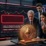 Un grupo de personas viendo una gran moneda de ETH en una sala de mercadeo