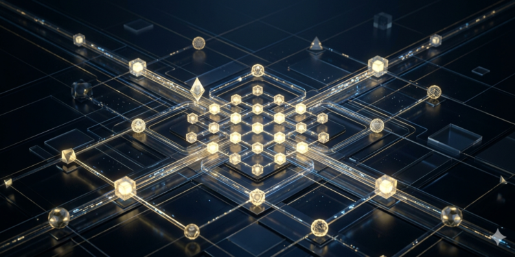 Imagen que ilustra la red de BNB Smart Chain, con una figura del logo de Ethereum.