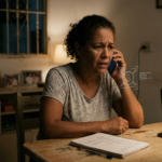 Mujer con cara de preocupación atiende una llamada telefónica.