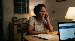Mujer con cara de preocupaciรณn atiende una llamada telefรณnica.