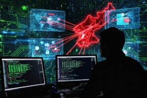 Un hacker operando desde una cueva con computadoras.