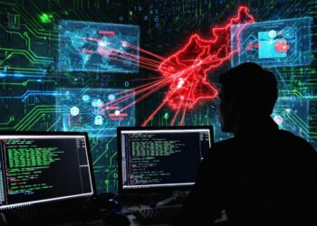 Un hacker operando desde una cueva con computadoras.