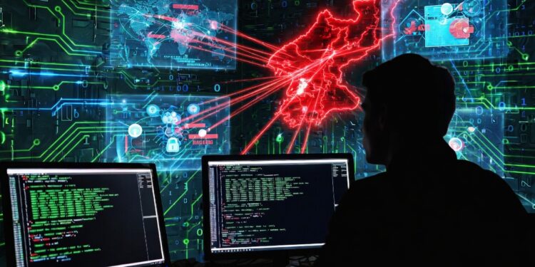 Un hacker operando desde una cueva con computadoras.