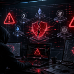 Una persona vestida de negro operando en un sistema de computadoras.