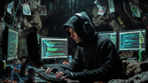 Una persona utilizando computadoras en una cueva.