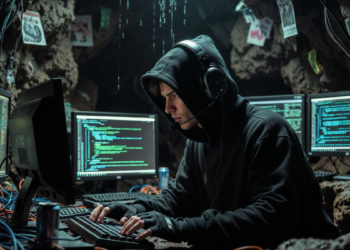 Una persona utilizando computadoras en una cueva.