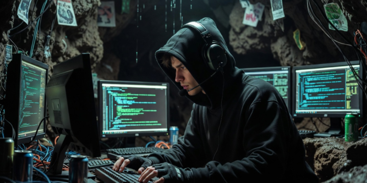 Una persona utilizando computadoras en una cueva.