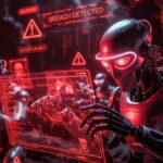 Robots de IA operando en una cueva para hackear sistemas informรกticos.