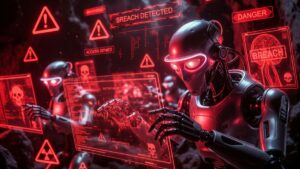 Robots de IA operando en una cueva para hackear sistemas informáticos.