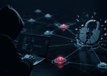 Representación gráfica del hacheo: un hacker del lado izquierdo con el rostro cubierto, mientras que de lado derecho hay un candado roto.