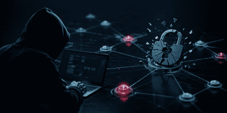 Representación gráfica del hacheo: un hacker del lado izquierdo con el rostro cubierto, mientras que de lado derecho hay un candado roto.