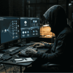 Imagen realista de un hacker con la cara cubierta pasando los fondos entre diferentes redes.