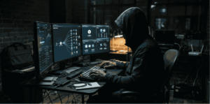 Imagen realista de un hacker con la cara cubierta pasando los fondos entre diferentes redes.