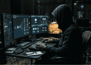 Imagen realista de un hacker con la cara cubierta pasando los fondos entre diferentes redes.