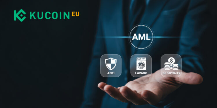Banner de KucoinEU, presentando sus medidas anti lavado de dinero, y un hombre de traje en el fondo levantando en sus manos íconos de anti lavado de capitales (AML)