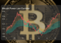 Un gráfico sobre la Ley de Potencia de Bitcoin con curvas en rojo y verde y el logo de la moneda digital superpuesto.