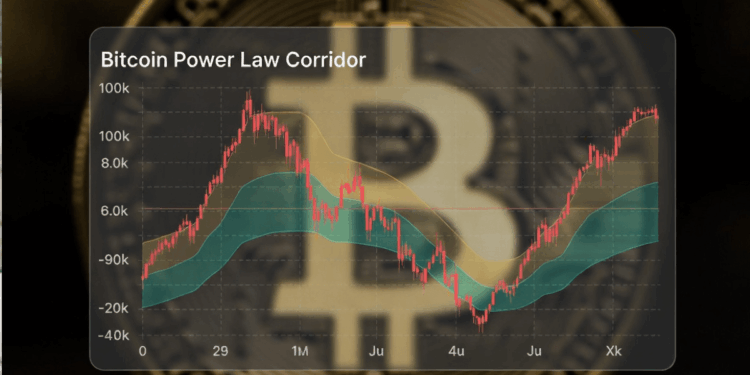Un gráfico sobre la Ley de Potencia de Bitcoin con curvas en rojo y verde y el logo de la moneda digital superpuesto.