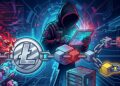 cadenas de bloques unidas a una mneda de Litecoin con una persona encapuchada de fondo con aspecto de hacker