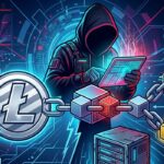 cadenas de bloques unidas a una mneda de Litecoin con una persona encapuchada de fondo con aspecto de hacker