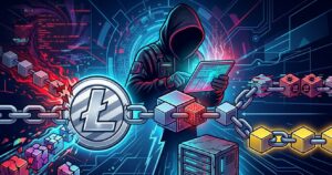 cadenas de bloques unidas a una mneda de Litecoin con una persona encapuchada de fondo con aspecto de hacker