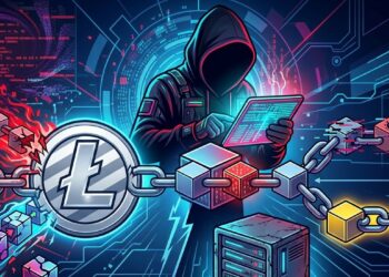cadenas de bloques unidas a una mneda de Litecoin con una persona encapuchada de fondo con aspecto de hacker