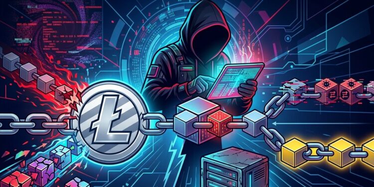cadenas de bloques unidas a una mneda de Litecoin con una persona encapuchada de fondo con aspecto de hacker