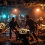 Mineros de Bitcoin trabajando en una cueva.