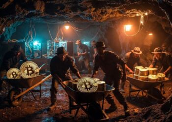 Mineros de Bitcoin trabajando en una cueva.