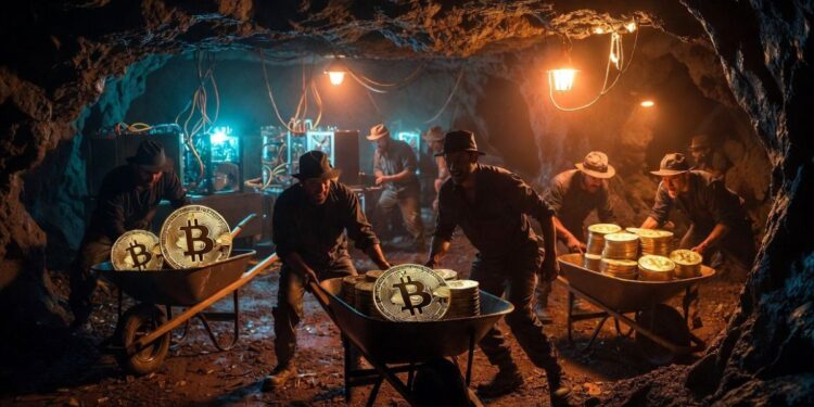 Mineros de Bitcoin trabajando en una cueva.