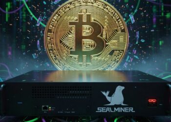 Una ASIC para minar Bitcoin junto a una moneda de BTC.