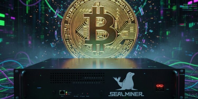 Una ASIC para minar Bitcoin junto a una moneda de BTC.