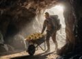 Un minero de Bitcoin saliendo de una cueva con una carretilla y monedas de BTC.