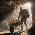 Un minero de Bitcoin saliendo de una cueva con una carretilla y monedas de BTC.
