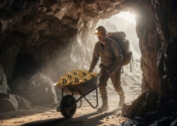 Un minero de Bitcoin saliendo de una cueva con una carretilla y monedas de BTC.