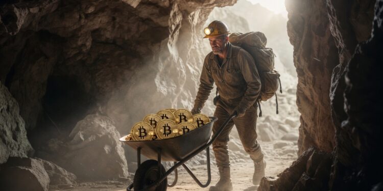 Un minero de Bitcoin saliendo de una cueva con una carretilla y monedas de BTC.