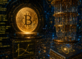 Una moneda de Bitcoin junto a líneas de código y una computadora cuántica.