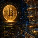 Una moneda de Bitcoin junto a líneas de código y una computadora cuántica.