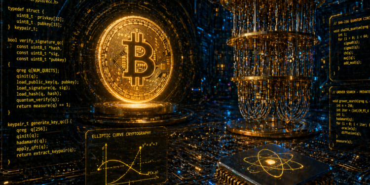 Una moneda de Bitcoin junto a líneas de código y una computadora cuántica.