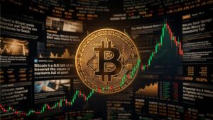 Moneda de Bitcoin dorada sobre un grupo de titulares y noticias