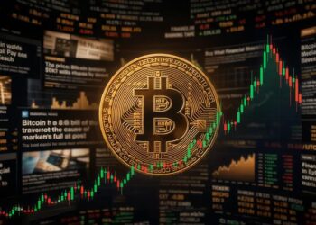 Moneda de Bitcoin dorada sobre un grupo de titulares y noticias