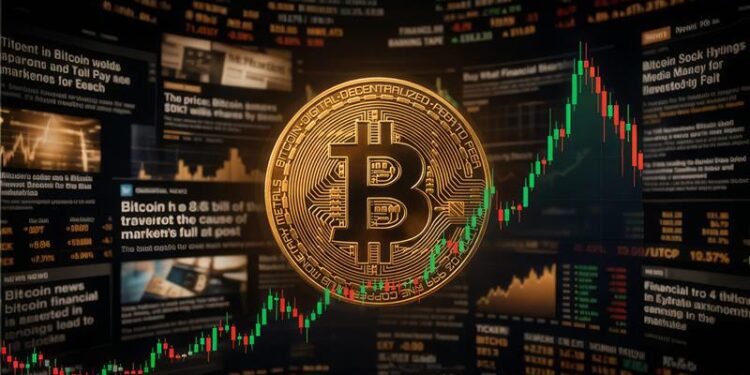 Moneda de Bitcoin dorada sobre un grupo de titulares y noticias