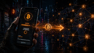 Un dispositivo móvil enviando una operación en Bitcoin.