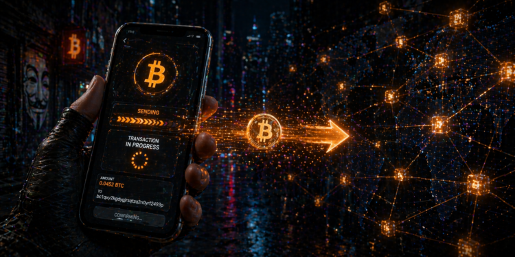 Un dispositivo móvil enviando una operación en Bitcoin.