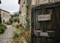 Una evocadora fotografía de una puerta de madera antigua y desgastada, ligeramente entreabierta, en un estrecho callejón empedrado de un pueblo histórico abandonado. La puerta, con su textura envejecida, pátina y herrajes de hierro oxidados, incluyendo un pesado candado, presenta dos carteles. Un cartel de madera colgado de cadenas dice "ARCHIVADO" en letras oscuras y mayúsculas. Debajo, una placa metálica rectangular más pequeña tiene el texto grabado: "VERSIÓN FINAL" y "0.9.12 - 22 DE ABRIL". El callejón, flanqueado por antiguos edificios de piedra cubiertos de hiedra y plantas secas, se extiende hacia un fondo desenfocado bajo un cielo nublado y difuso. La luz natural suave ilumina la escena, resaltando las texturas de la madera envejecida y la piedra, transmitiendo una sensación de quietud y finalidad.