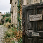 Una evocadora fotografía de una puerta de madera antigua y desgastada, ligeramente entreabierta, en un estrecho callejón empedrado de un pueblo histórico abandonado. La puerta, con su textura envejecida, pátina y herrajes de hierro oxidados, incluyendo un pesado candado, presenta dos carteles. Un cartel de madera colgado de cadenas dice "ARCHIVADO" en letras oscuras y mayúsculas. Debajo, una placa metálica rectangular más pequeña tiene el texto grabado: "VERSIÓN FINAL" y "0.9.12 - 22 DE ABRIL". El callejón, flanqueado por antiguos edificios de piedra cubiertos de hiedra y plantas secas, se extiende hacia un fondo desenfocado bajo un cielo nublado y difuso. La luz natural suave ilumina la escena, resaltando las texturas de la madera envejecida y la piedra, transmitiendo una sensación de quietud y finalidad.