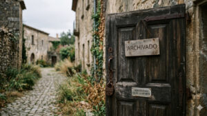Una evocadora fotografía de una puerta de madera antigua y desgastada, ligeramente entreabierta, en un estrecho callejón empedrado de un pueblo histórico abandonado. La puerta, con su textura envejecida, pátina y herrajes de hierro oxidados, incluyendo un pesado candado, presenta dos carteles. Un cartel de madera colgado de cadenas dice "ARCHIVADO" en letras oscuras y mayúsculas. Debajo, una placa metálica rectangular más pequeña tiene el texto grabado: "VERSIÓN FINAL" y "0.9.12 - 22 DE ABRIL". El callejón, flanqueado por antiguos edificios de piedra cubiertos de hiedra y plantas secas, se extiende hacia un fondo desenfocado bajo un cielo nublado y difuso. La luz natural suave ilumina la escena, resaltando las texturas de la madera envejecida y la piedra, transmitiendo una sensación de quietud y finalidad.