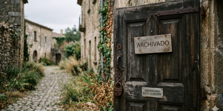 Una evocadora fotografía de una puerta de madera antigua y desgastada, ligeramente entreabierta, en un estrecho callejón empedrado de un pueblo histórico abandonado. La puerta, con su textura envejecida, pátina y herrajes de hierro oxidados, incluyendo un pesado candado, presenta dos carteles. Un cartel de madera colgado de cadenas dice "ARCHIVADO" en letras oscuras y mayúsculas. Debajo, una placa metálica rectangular más pequeña tiene el texto grabado: "VERSIÓN FINAL" y "0.9.12 - 22 DE ABRIL". El callejón, flanqueado por antiguos edificios de piedra cubiertos de hiedra y plantas secas, se extiende hacia un fondo desenfocado bajo un cielo nublado y difuso. La luz natural suave ilumina la escena, resaltando las texturas de la madera envejecida y la piedra, transmitiendo una sensación de quietud y finalidad.