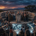 Una asamblea diversa de personas rodeando un monolito de piedra en un paisaje crepuscular, debatiendo sobre hologramas de cadenas digitales rotas y mapas de nodos globales. La escena refleja la tensión de la gobernanza descentralizada ante amenazas tecnológicas.