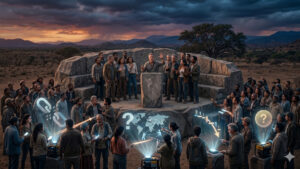 Una asamblea diversa de personas rodeando un monolito de piedra en un paisaje crepuscular, debatiendo sobre hologramas de cadenas digitales rotas y mapas de nodos globales. La escena refleja la tensión de la gobernanza descentralizada ante amenazas tecnológicas.